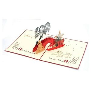 Greeting Card 3D Laser Cut Pop-Up Card Bridge & Pagoda Multi Color Like New